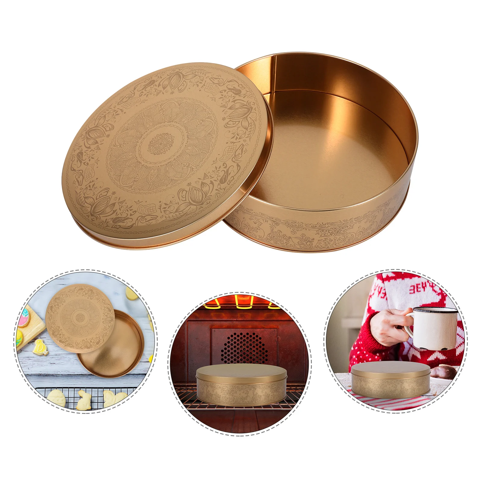 

Empty Round Cake Pan Classic Decorative Tinplate Box Large Capacity Candy Cookie Storage Container Oven Safe Dessert Case
