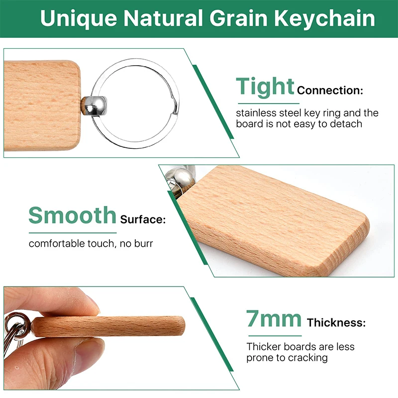 10Pcs Wood Keychain Blank Rectangular Keychains