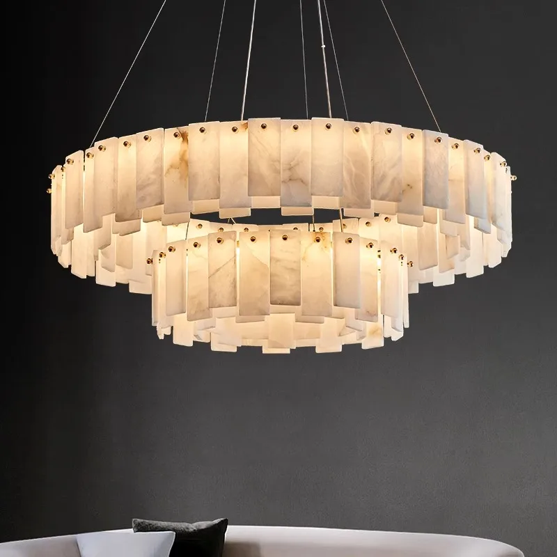 

New Light Luxury Natural Spanish Marble Living Room Chandelier Dining Room Bedroom Simple Atmosphere All Copper High-grade Lamps