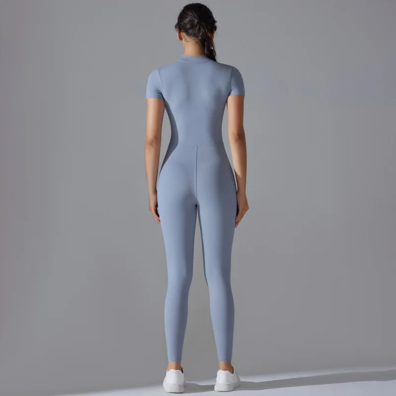 جديد نايلون قطعة واحدة ارتداءها المرأة سستة قصيرة الأكمام النشطة دعوى الرقص اللياقة البدنية ملابس رياضية ضيق مفتوح طوق اليوغا حللا #5