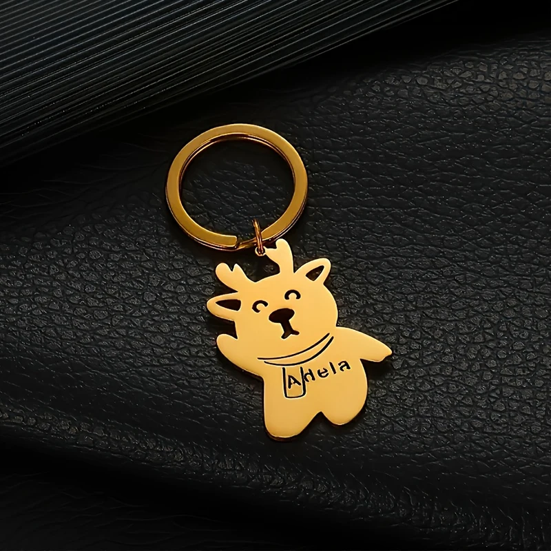 Personalized Christmas Keychain Gold Stainless Steel Reindeer Design Customized Any Photo Hand Draw Fashion Christmas Decoration