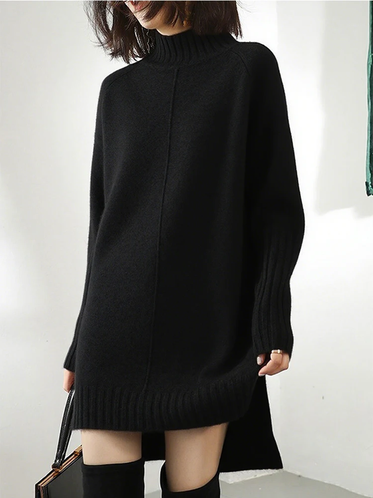 Vestido negro a la moda para mujer, informal, holgado, de manga larga, Color contrastante, medio cuello alto, elegante, suéter para mujer