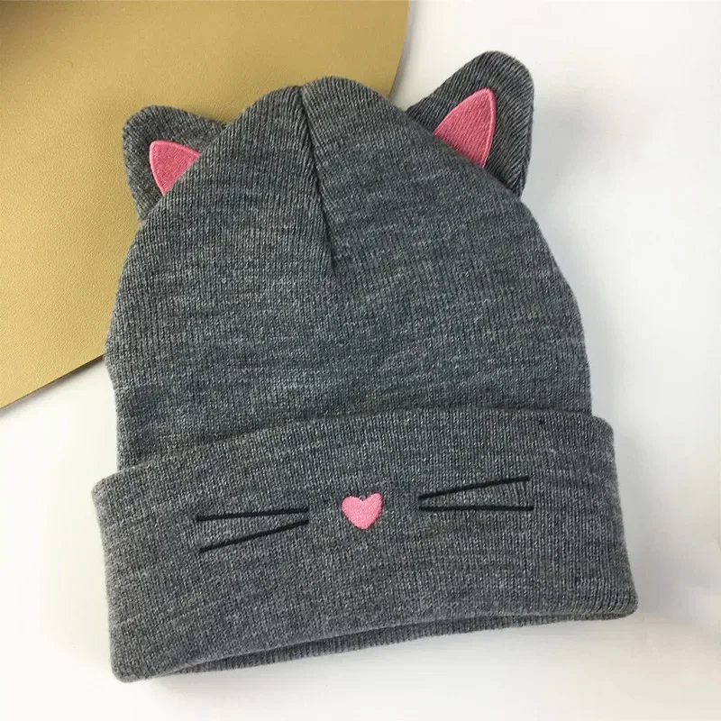 Cute Cat Embroidered Knitted Hat Outdoor Warm Ear Protection Cat Ears Wool Cap Over Head Cold Cap Street Beanies Cap Penny Cap