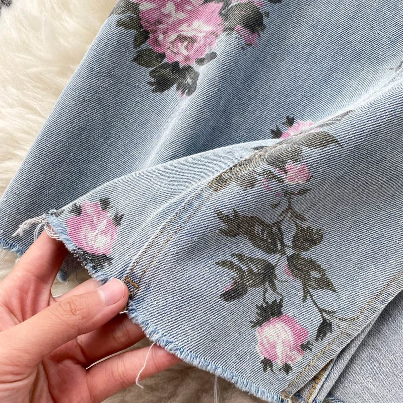 Floral Print Denim Skirt Women 2023 New Summer Autumn Long Jeans Skirt High Waist Sexy Side Split Vintage Party Skirts New