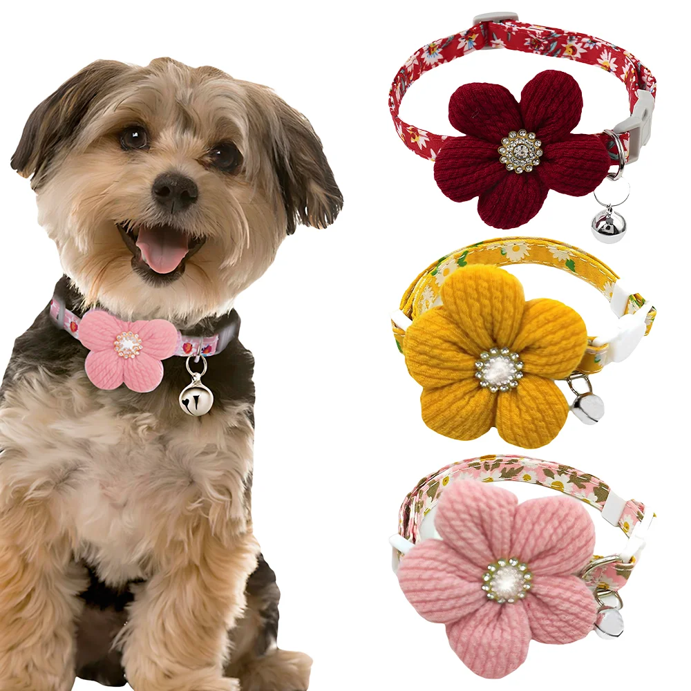 Pet Flower Collar, Detachable Bell Flower Pendant Cat Bow Ti