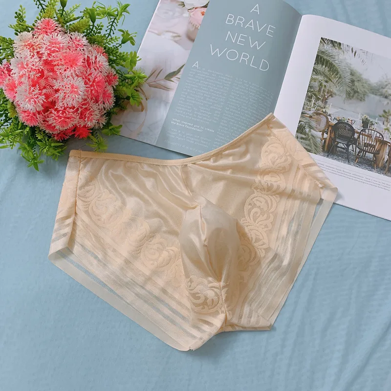 Mens Briefs Satin Jacquard Silky Panties Low Waist Pouch Underwear Seamless See Through Lingerie Crossdressing Sissy Brief