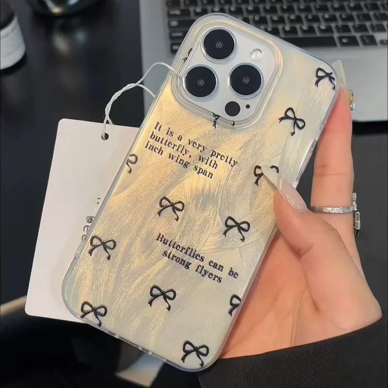 

Full screen black bow Laser Hard Phone Case For iPhone 16 13 14 12 11 15 Pro Max fashion Case For 7+8+ XR XsMax
