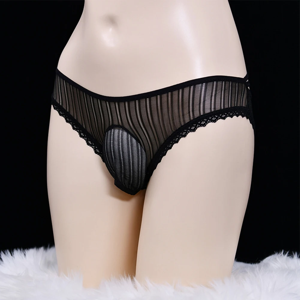 Sexy Translucent Briefs Sissy Bulge Pouch Panties Mens Boyshort Sheer See-through Lace Hollow Out  Underwear Male Lingerie 2023