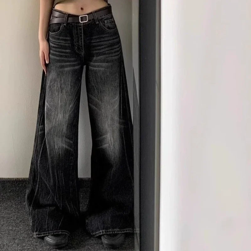 Neploe American Retro Oversize Loose Jeans for Women 204 Spring New Straight Trousers Y2k Grunge Black Wide Leg Pants