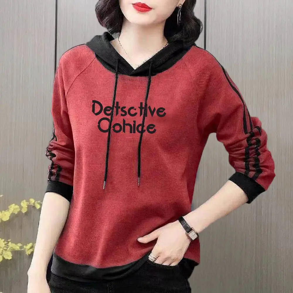 Women\'s Pullover Drawstring Hooded Patchwork Hoodies 2023 Spring Autumn Korean Loose Solid Color Printed Letter Long Sleeve Tops