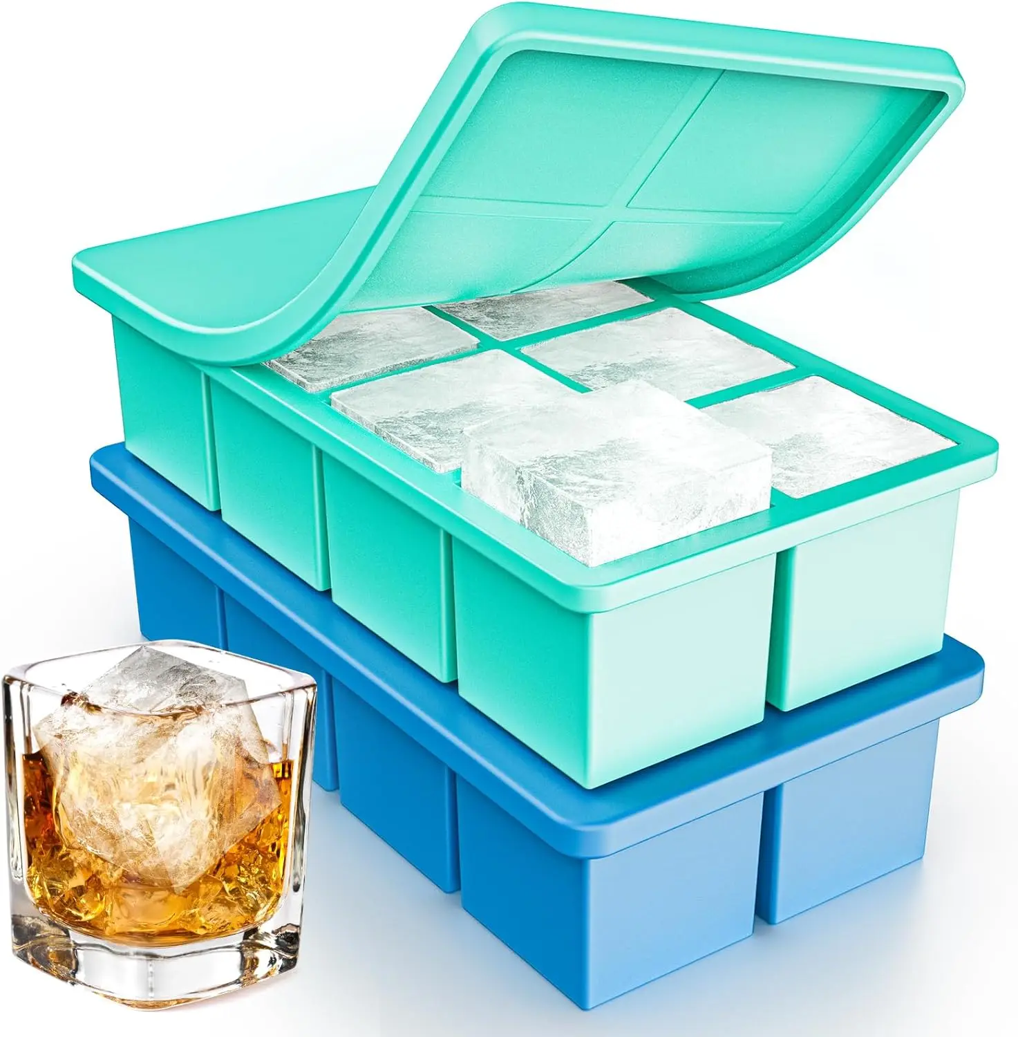 

Ice Cube Tray 2 Pack, Lxndaser 2 Inch Silicone Ice Cube Molds for Whisky, Cocktail, Big Square Silicone Ice Trays With Lid, Leak