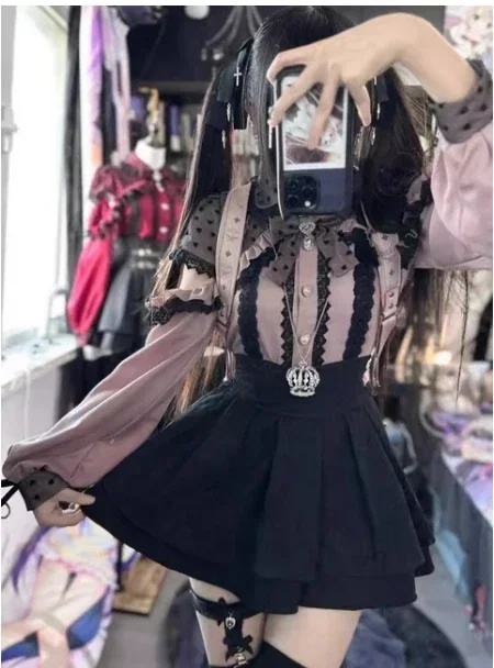 Camisa dulce japonesa Mine producida en masa para niñas, camisa de manga larga con lazo de encaje y hombros descubiertos, blusa Lolita para mujer de