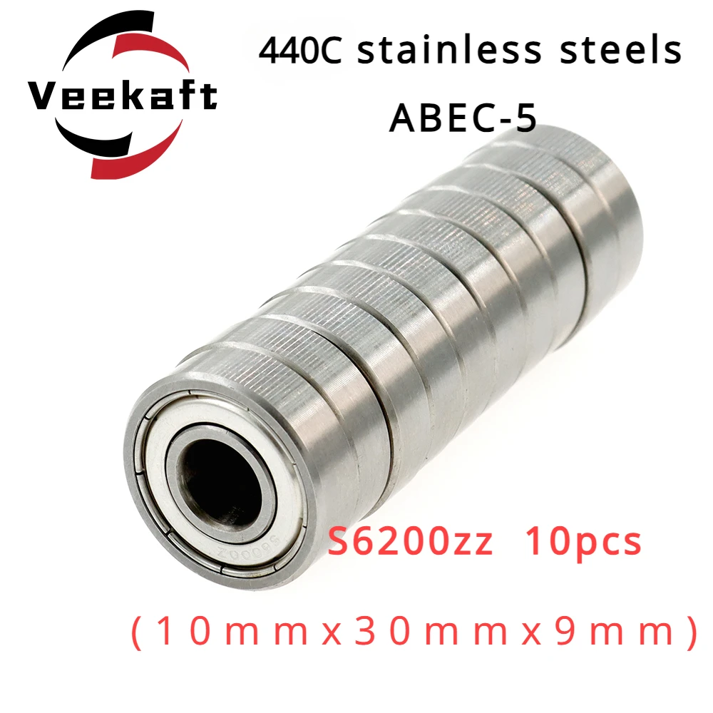 

High Precision Veekaft 440C Stainless Steel Small Deep Groove Ball Bearings S6200zz 10pcs. Dimension 10mmx30mmx9mm