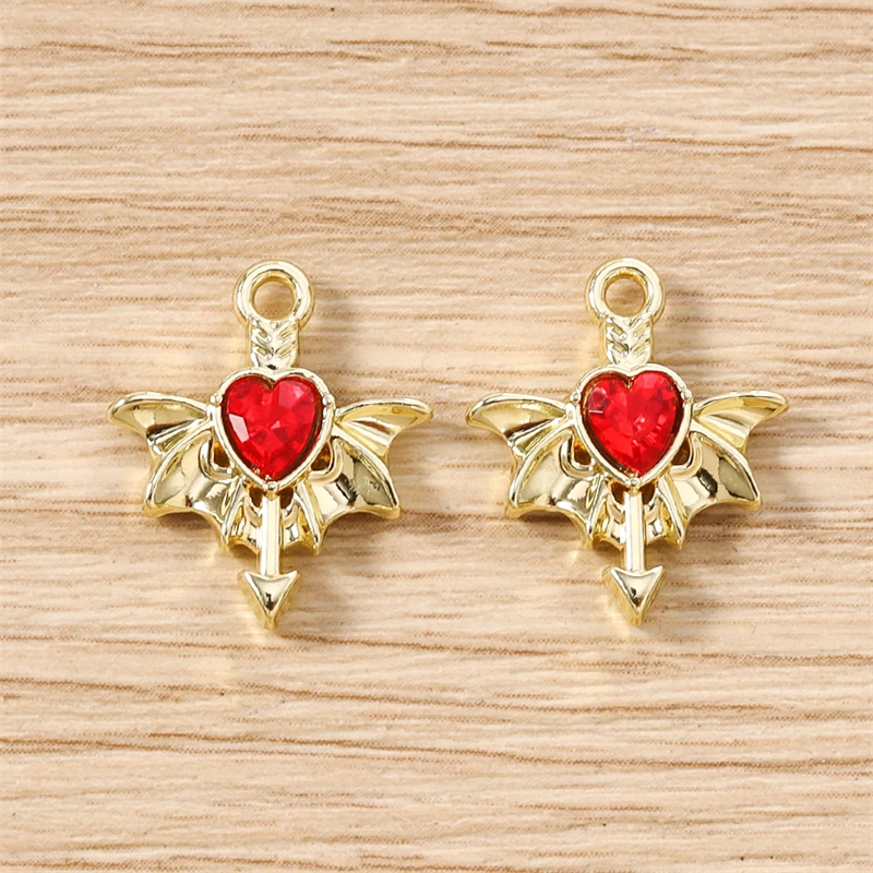 5 Stück 15 x 17 mm niedliche Kristall-Metall-Herz-Flügel-Charms-Anhänger für die Herstellung von Halsketten, Ohrringen, Armbändern, DIY-Handwerk, Schmuckzubehör – Detail 5