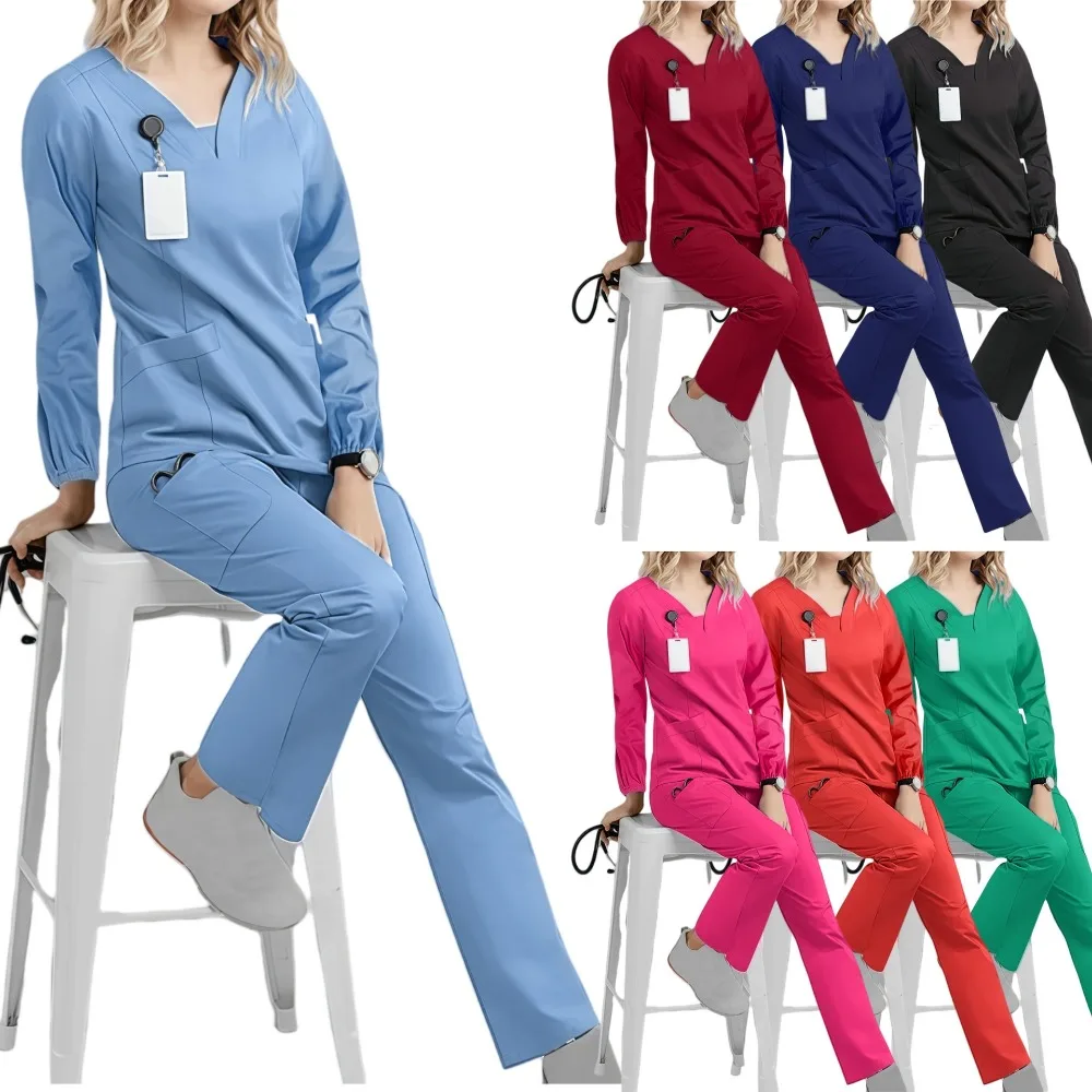 

Long Sleeve Medical Scrub Sets Hospital Doctor Nursing Surgical Uniforms Clinical Pharmacy Beauty Salon Spa Workwear Top Pants