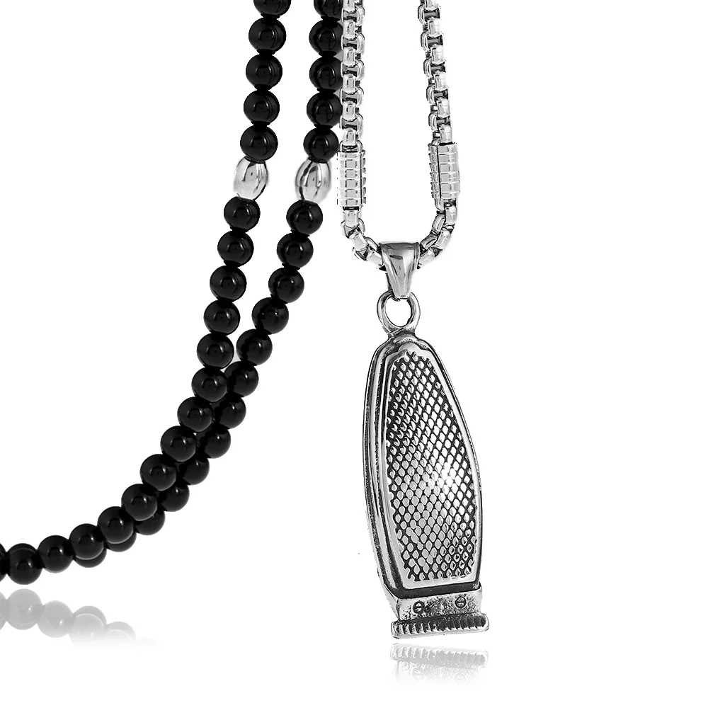 Men's Barber Pendant Necklace Stainless Steel Fashion Haircut Razor Shaver Necklace with Black Natural Stone Necklace 27inches