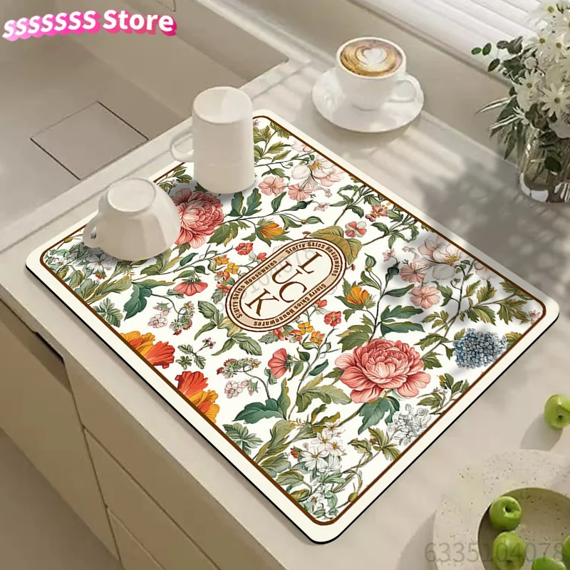 Dish Drying Mat, Floral Pattern Drain Mat, Coffee Machine Mat, Kitchen Tabletop Accessory, Fashion Print Drip Mat, Kitchen Utens