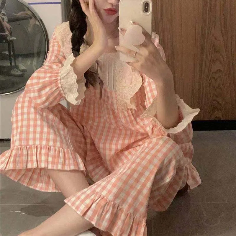 Lace Women Pajamas Set for Home Plaid Ruffles Sleepwear Long Sleeve Pants Suit 2 Pieces Autumn Korean Square Collar Night Wears