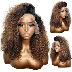 Soft 26Inch Long Brown 180Density Ombre Blonde Kinky Curly Lace Front Wig For Black Women Baby Hair Synthetic Daily Preplucked