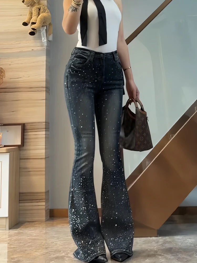 Retro American Fashion Starry Diamond Women's Jeans Micro Flared Long Pants Sexy Design Low Waist Denim Zipper Closure All Se...