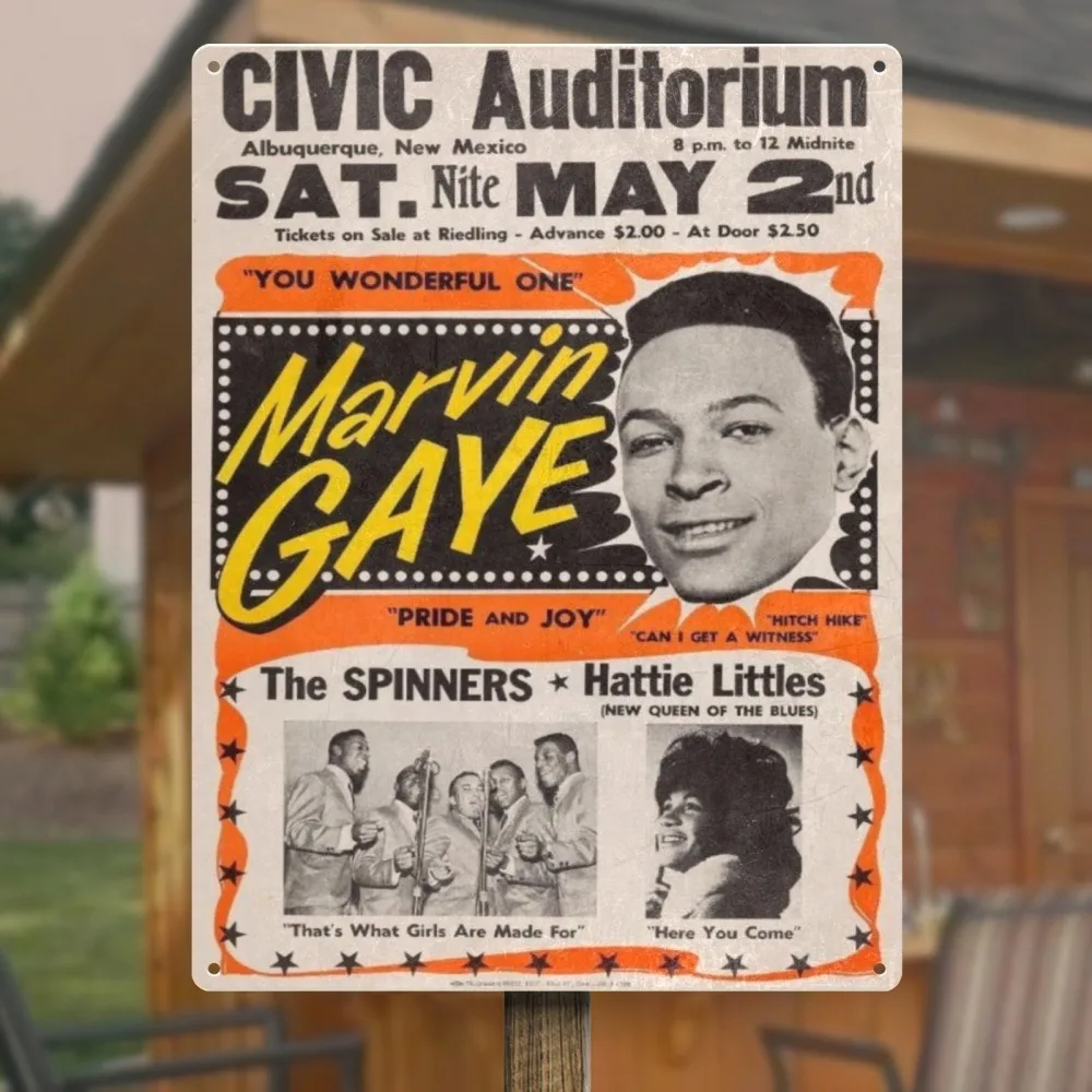 علامة قصدير معدنية كلاسيكية على الطراز الهزلي Marvin Gaye CIVIC Auditorium S A T. نيت مايو 2 دي لعطلة المنزل، مقهى 30 × 40 سم