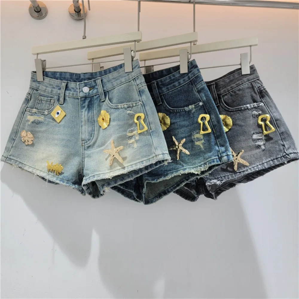 High Street Jeans Metal Buckle Denim Shorts Women's Summer New High Waisted Loose Fit Slim Fit A-line Hot Pants