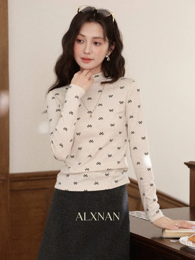 

ALXNAN Bow Floral Print T-shirt Slim-fit Elegant Casual Long Sleeve Tees Women Fall Mock Neck Basic Tops Ladies L59812