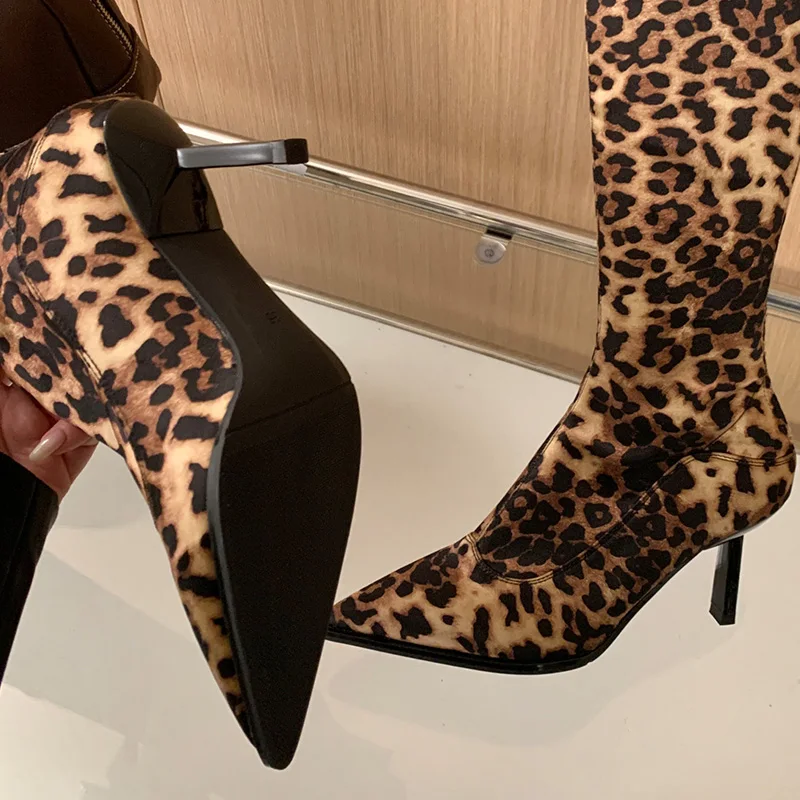 2024 Leopard Women High Boots Western Female Shoes For Women Thin Heels Zipper Autumn New Ladies Knee-High Knight Modern Boots