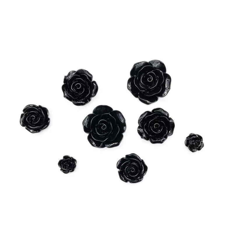 10Pcs/lot 4Size 3D Black Flower Charms Resin Flatback Cabochon  DYI Jewelry Making Phone Case Decor Accessory