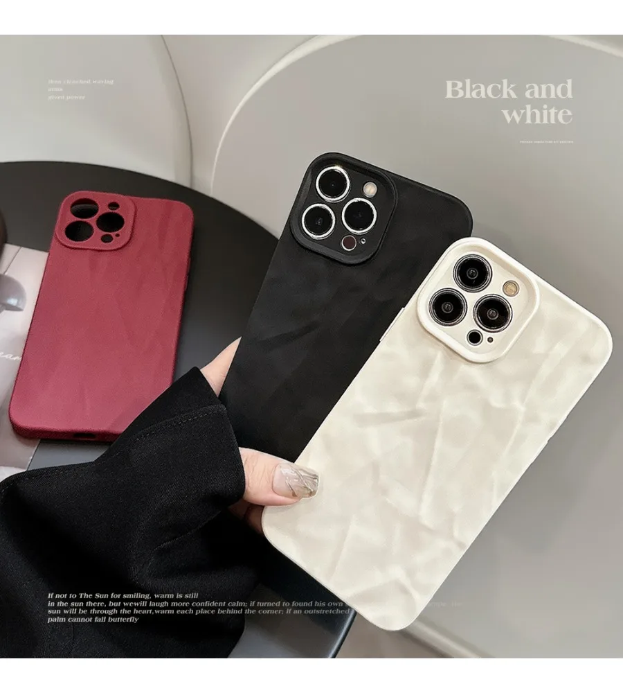 

Black White Pleated Wrinkle Texture Matte Phone Case For Iphone 12 13 14 15 16 17 Full Lens Frame Shockproof Shell