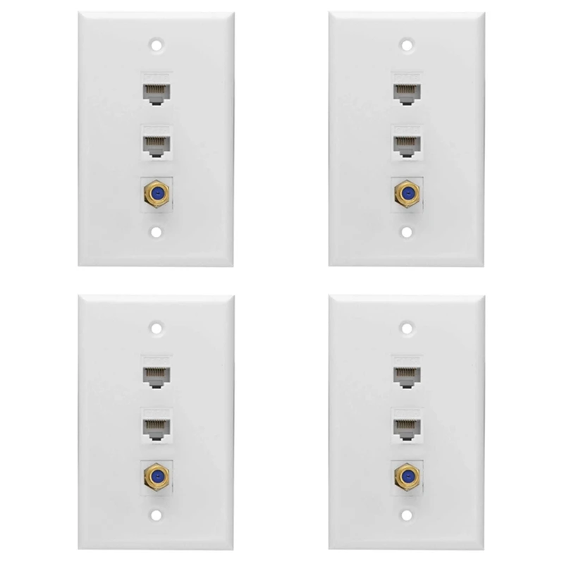 4X Ethernet Coax Wall Plate,2 Port Cat6 RJ45 Keystone And 1 Port F Type Connector Coax Female To Female Wall Plate