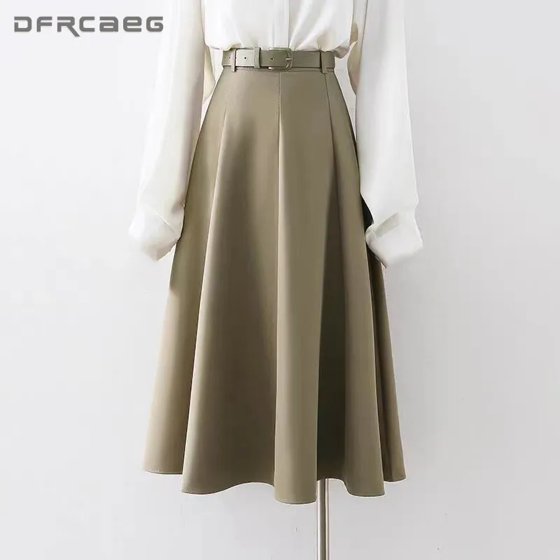 

Korean Style Casual Woman Long Skirt Summer 2024 High Waist Elegant Fashion Big Swing Office OL A-Line Skirts Female