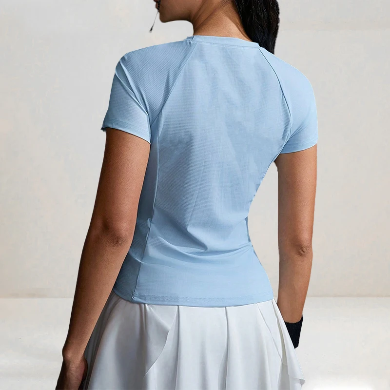 Damenkleidung Kurzarm Blaues T-Shirt Slim Fit Oberteil Weibliches O-Ausschnitt Gestricktes Figurbetontes T-Shirt Streetwear Sexy Sportlicher Stil – Detail 3