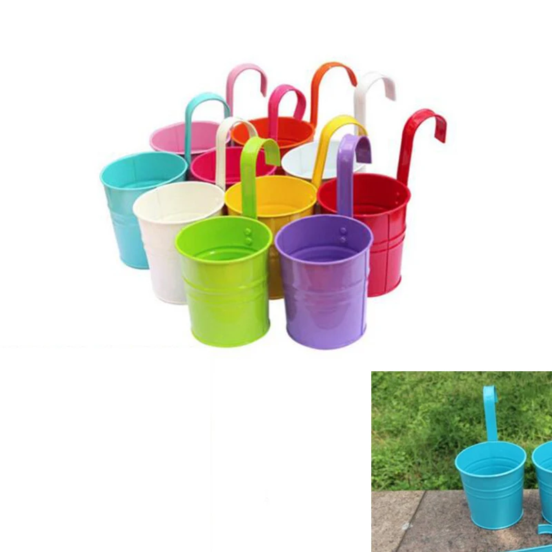 

10 colors Wall Hanging Flower Pots set Alloy Balcony street garden pots Bucket Plant Holder Planter Home Decoration