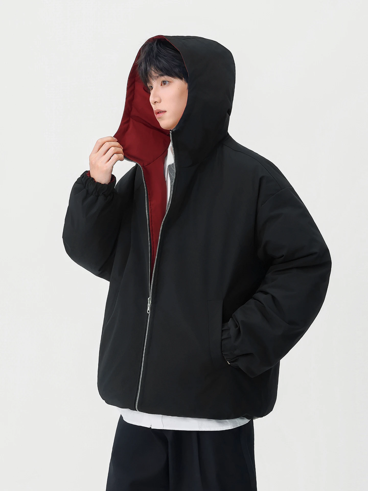 

Boyue Pure Color Double-Sided Wearable Waterproof Jaet ex Street Sle Casual Spor Cotton Coat Youth Faion Winter W...