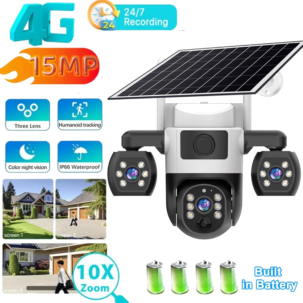4G Solar Camera Outdoor 15MP 3 Lens 3 Screen 10X Zoom Night Vision Waterproof Cameras PIR Human Detect CCTV Security Protection
