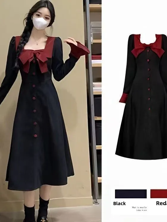 

Hebe Style Black Long Sleeve Dress Spring Autumn Square Collar Women's Fashion Slimming Knot High Waist A-Line Skirt