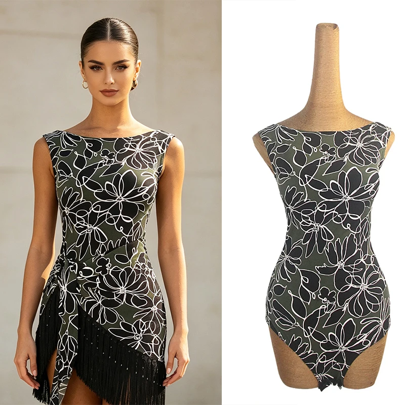 New Adult Latin Dance Print Backless Sleeveless Top Practice Costume Modern Dance Chacha Tango Dance Performance Wear DQL13018
