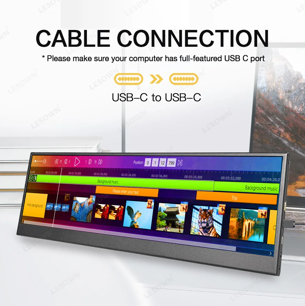 LESOWN Portable Monitor 14.1 Inch 4K Elongated Display 3840x1100 HDMI USB-C Extended Computer Monitor for Laptop PC Switch PS5