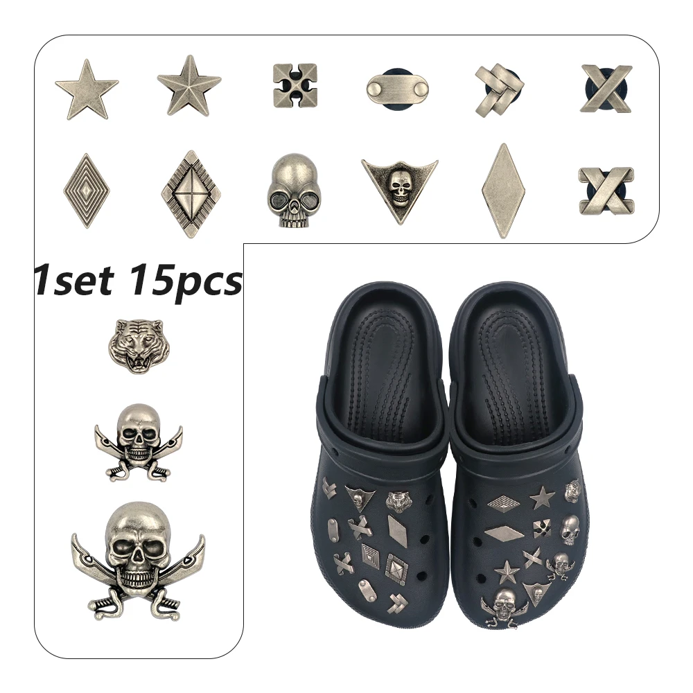 1 Set 15 Pcs Shoe 크로크 Accessories Charm Pentagram Punk Style Detachable Rhombus Metal Hole Sandals Decorations Adult Kids Gift