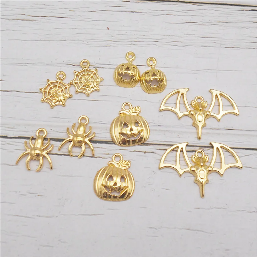 20PCS Gold Color Halloween Charms Alloy Bat Spider Cobweb Pumpkin Pendant Earrings Necklace Bracelet Jewelry Accessory