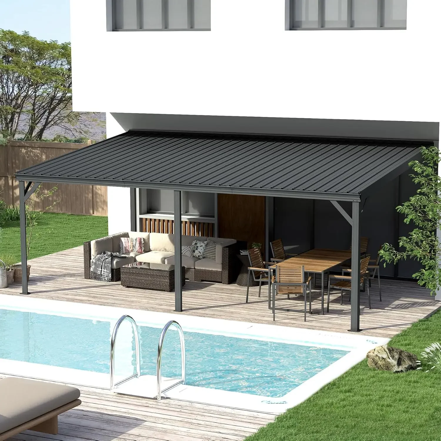 Domi 12’x20’ Lean-to Gazebo, Hardtop Wall-Mounted Gazebo Pergola with Sloping Galvanized Steel Roof and Upgraded Drainage System