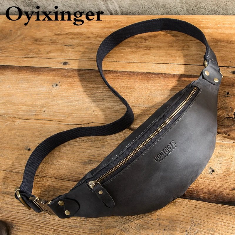 

OYIXINGER Men's Crazy Horse Leather Waist Packs Male Belt Bag High Quality Waist Bags Multifunction Cowhide Leather Chest Bag