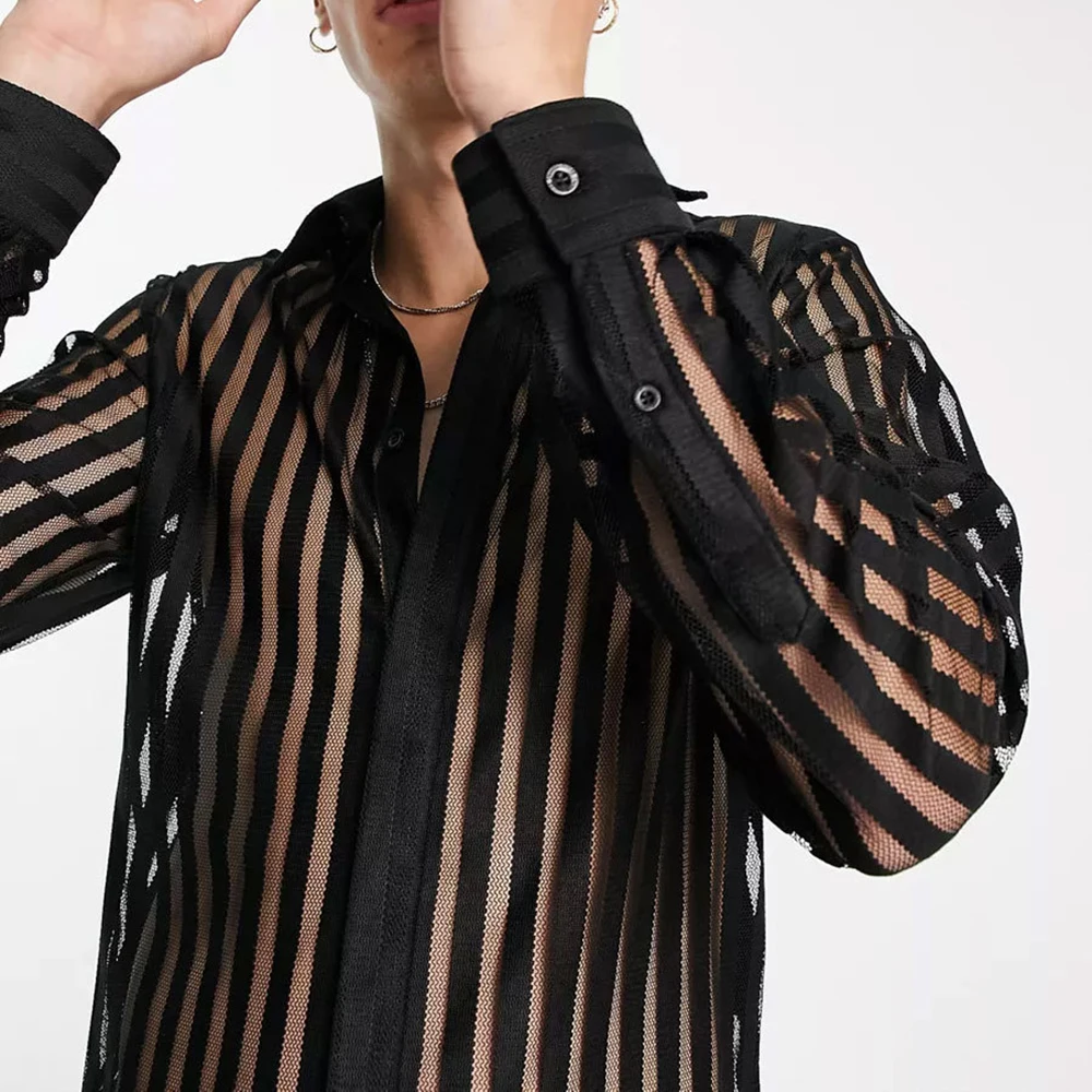 Mens See-Through Sexy Shirt Genderless Nightclub Print Loose Casual Striped Mesh Fashion Trendy Long-Sleeved Shirt Unisex