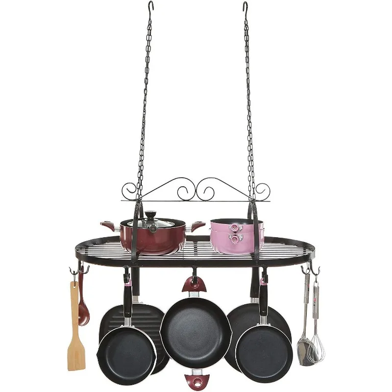 MyGift Black Scrollwork Metal Pot and Pan Ceiling Hanging Rack Heavy Duty Cooking Pans and Utensil Hanger with 10 Dual Hooks