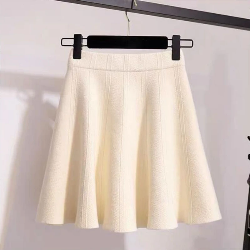 Mini-saia de malha feminina, cintura alta grossa, linha A, tudo combina, suave, outono, inverno, elástico, fino, estilo formal