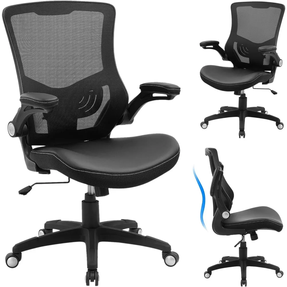 

Office Chair Ergonomic Desk Chair, Computer PU Leather Home Office Chair, Swivel Mesh Back Adjustable Lumbar Support