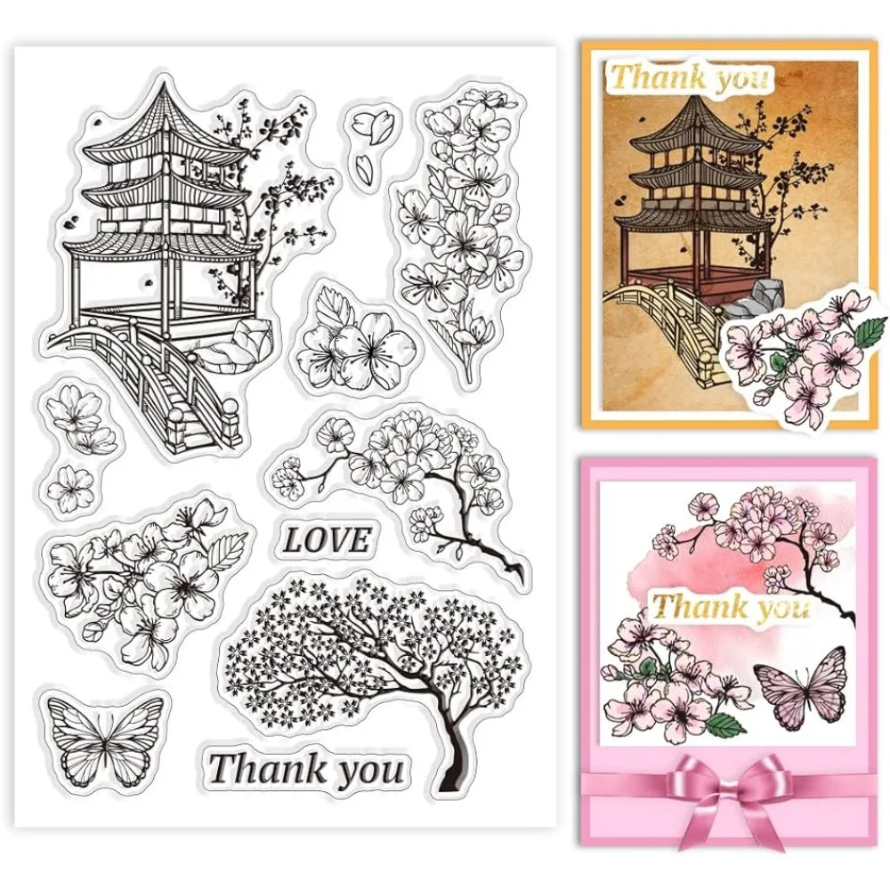 

Japan Cherry Blossom and Gazebo Transparent Clear Stamps Japan Cherry Blossom and Butterfly Embossing Stamp Sheets Silicone