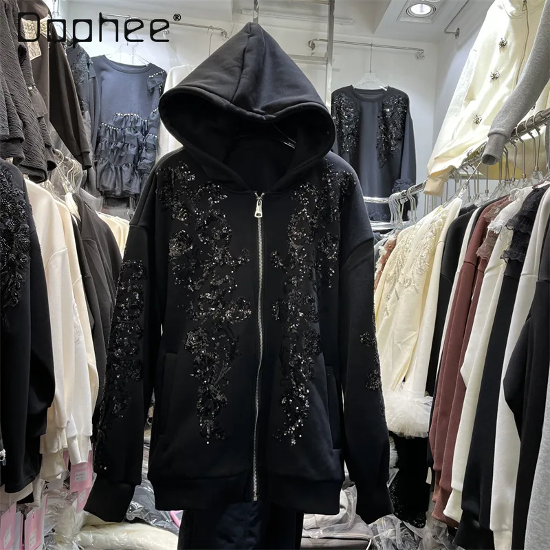 Street Heavy Sequin Borduren Kralen Sweatshirt Met Capuchon Dames American Hot Girl Trendy Oversized Sweatshirt Veelzijdige Casual Top