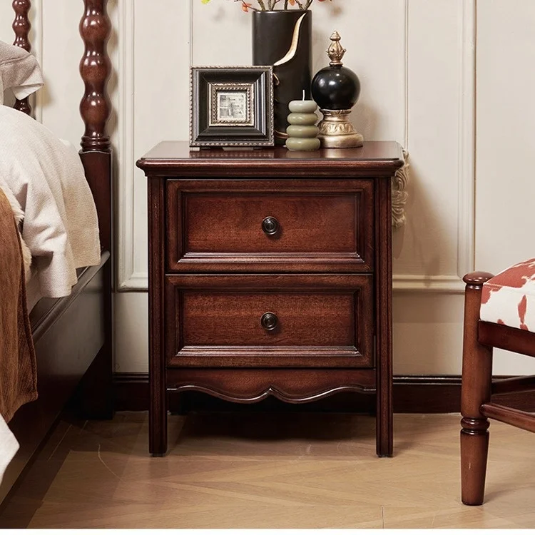 Mid-century Modern Nightstands Solid Wood Vintage Cherry Color Two Drawers French Classic Bedroom Bedside Cabinet